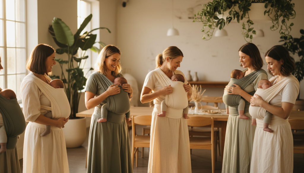 groupe de femmes portant leur bébé lors d'un atelier collectif
